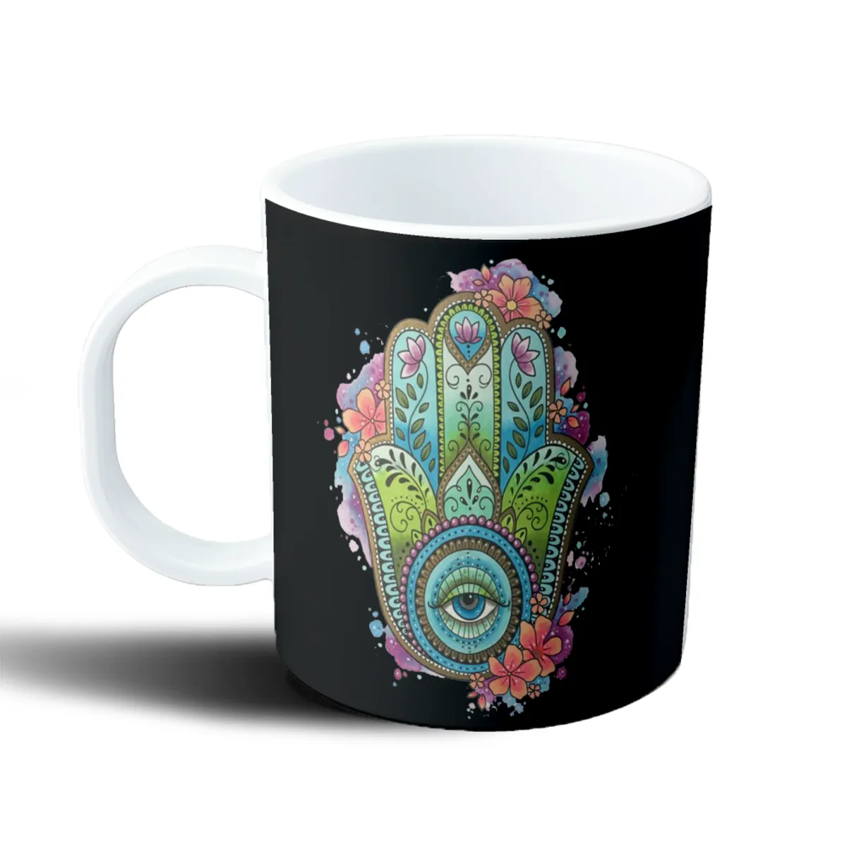 Taza de Plástico Mano de Hamsa Ojo Turquesa Flores - vista 2