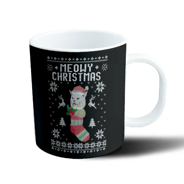 Taza de Plástico Meowy Christmas Gato en Media Navideña