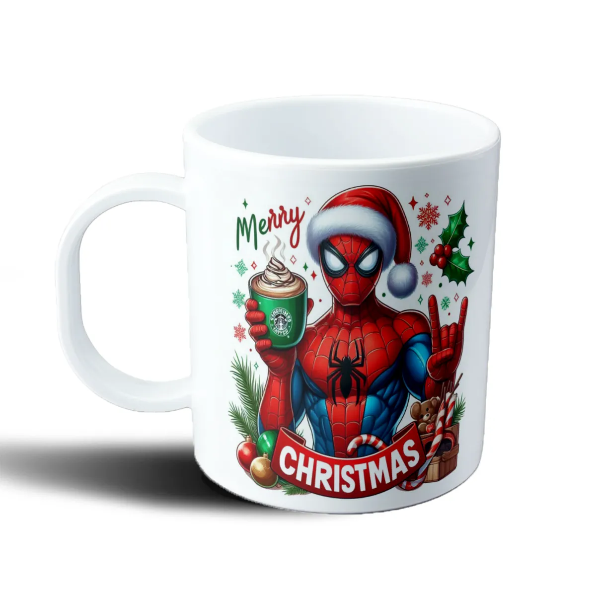 Taza de Plástico Spiderman Navidad Merry Christmas con Café - vista 2