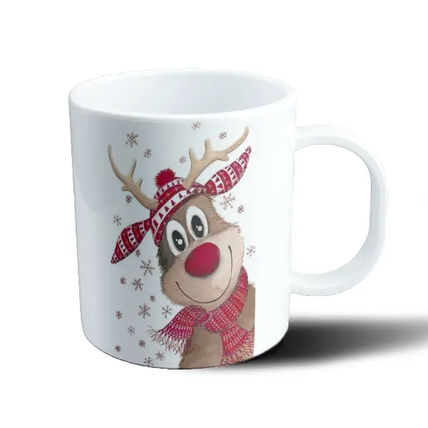 Taza de Plástico Reno Navideño con Gorro y Bufanda