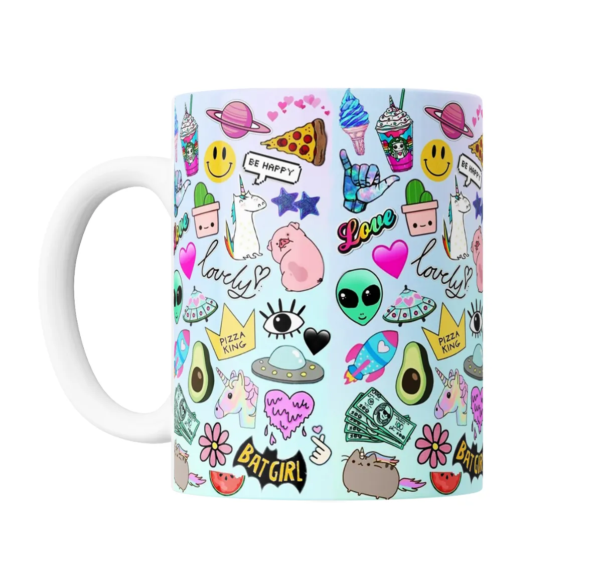 Taza de Cerámica Collage Kawaii Unicornios Pizza Alienigenas Batgirl - vista 2