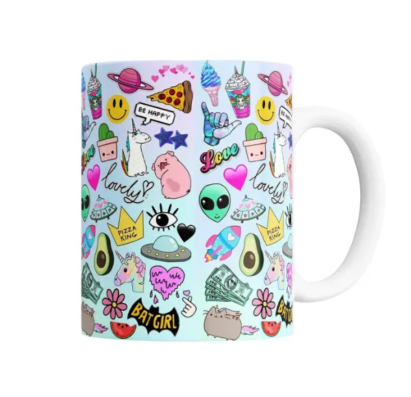 Taza de Cerámica Collage Kawaii Unicornios Pizza Alienigenas Batgirl