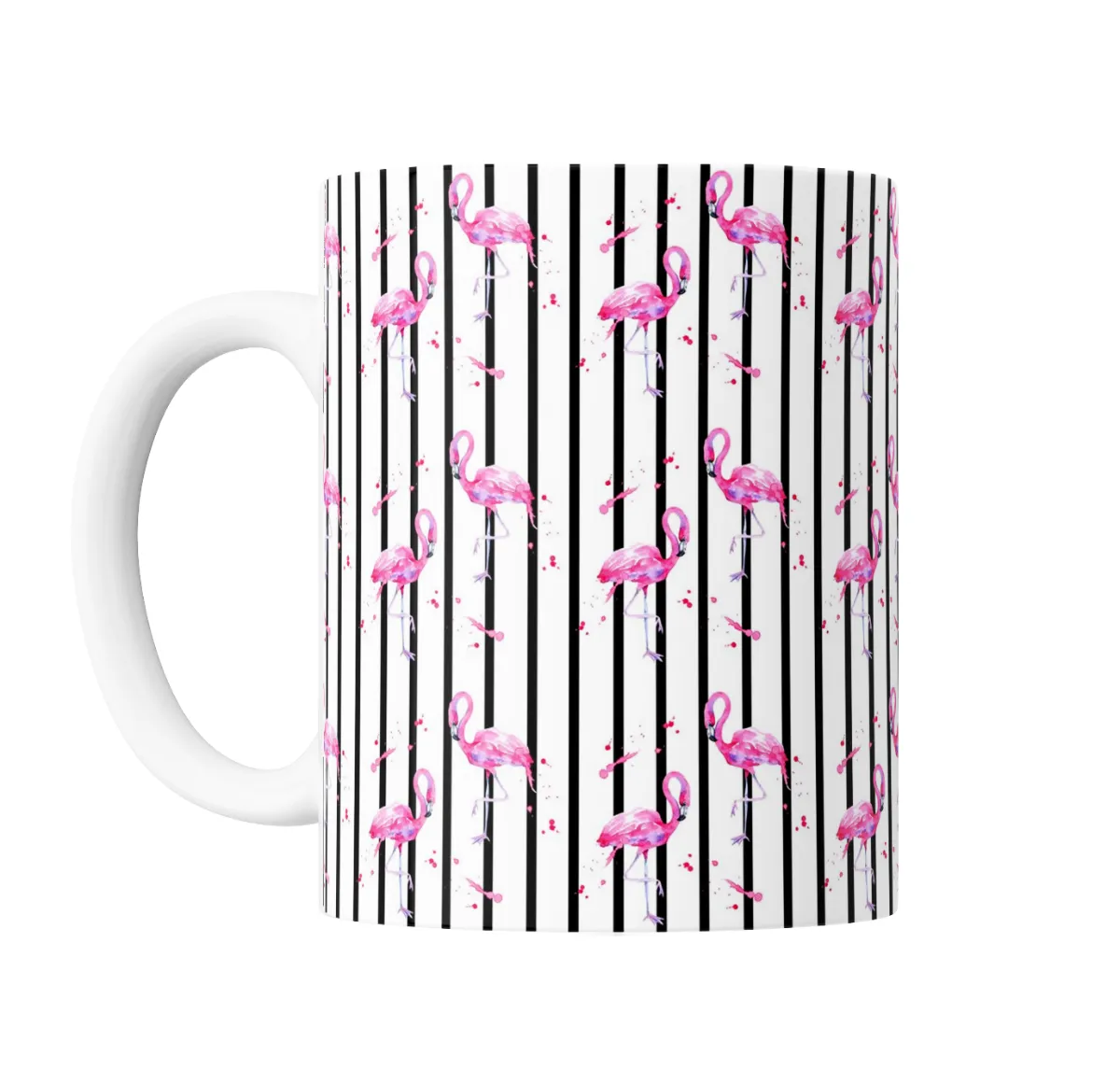 Taza de Cerámica Flamencos Rosas sobre Rayas Negras - vista 2