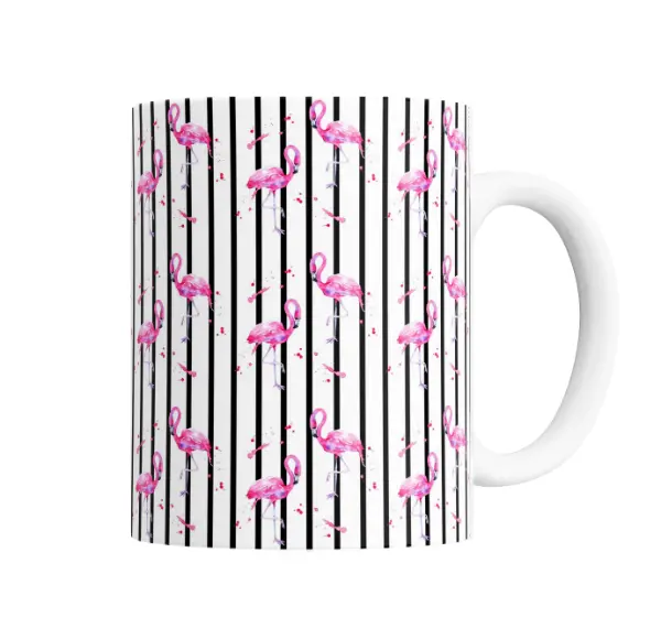 Taza de Cerámica Flamencos Rosas sobre Rayas Negras