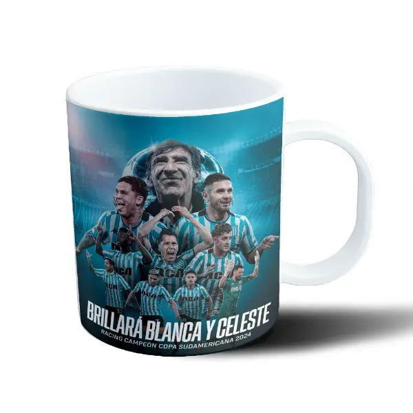 Taza de Plástico Racing Brillará Blanca y Celeste Campeón Sudamericana 2024