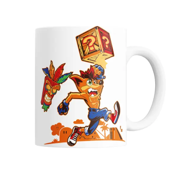Taza de Cerámica Crash Bandicoot con Aku Aku y Caja Misteriosa