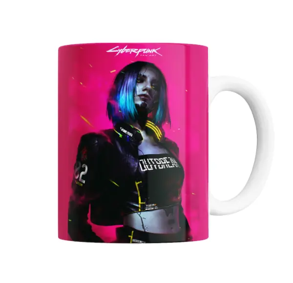 Taza de Cerámica Cyberpunk 2077 Chica Cyborg Neón Rosa