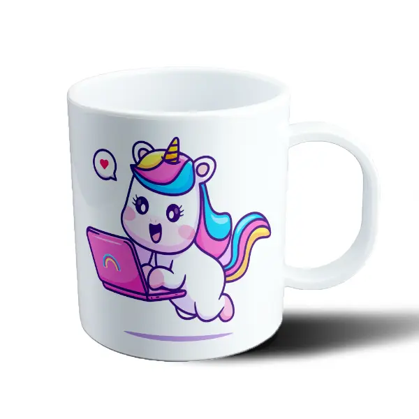 Taza de Plástico Unicornio Kawaii con Laptop