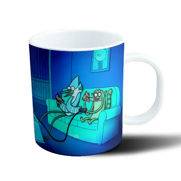 Taza de Plástico Un Show Más Mordecai y Rigby con Pizza y Videojuegos