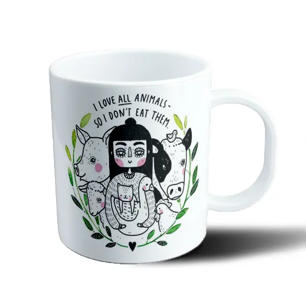 Taza de Plástico Vegan Chica con Animales I Love All Animals