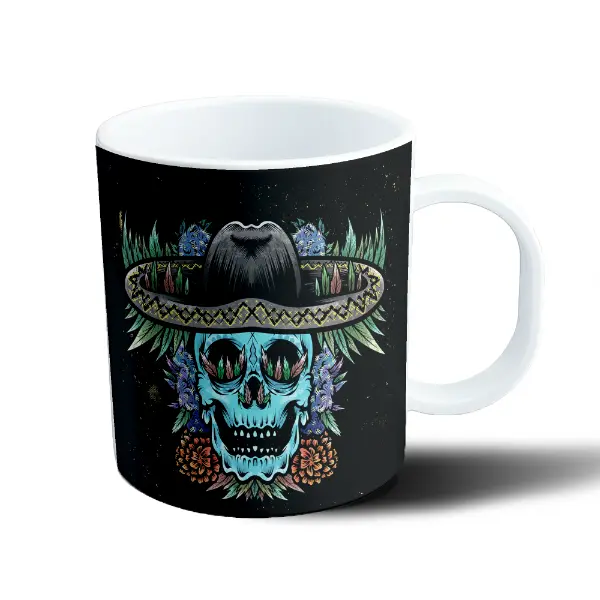 Taza de Plástico Calavera Mexicana con Sombrero y Flores