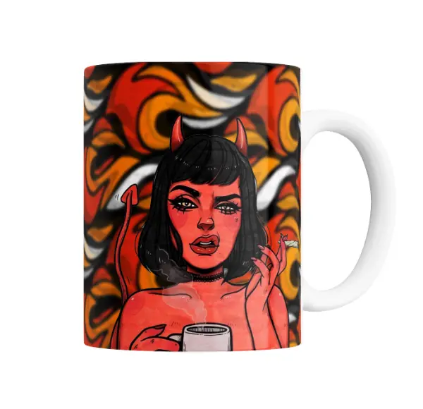 Taza de Cerámica Demon Diablita Fumando y Tomando Café