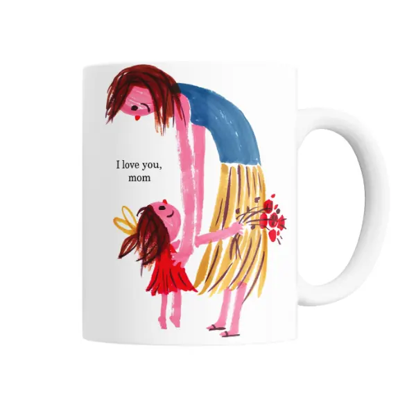 Taza de Cerámica Dia de la Madre I Love You Mom Mamá con Hija y Flores