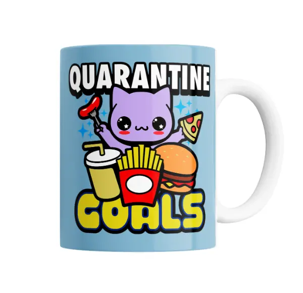 Taza de Cerámica Quarantine Goals Gato Kawaii Comida Rápida