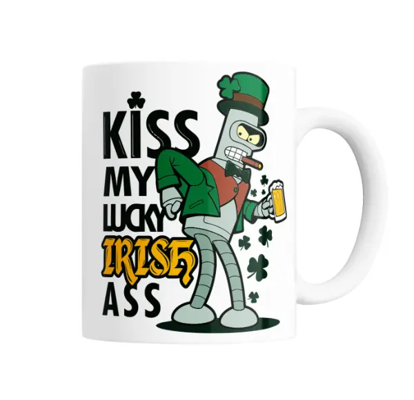 Taza de Cerámica Futurama Bender San Patricio Kiss My Lucky Irish Ass