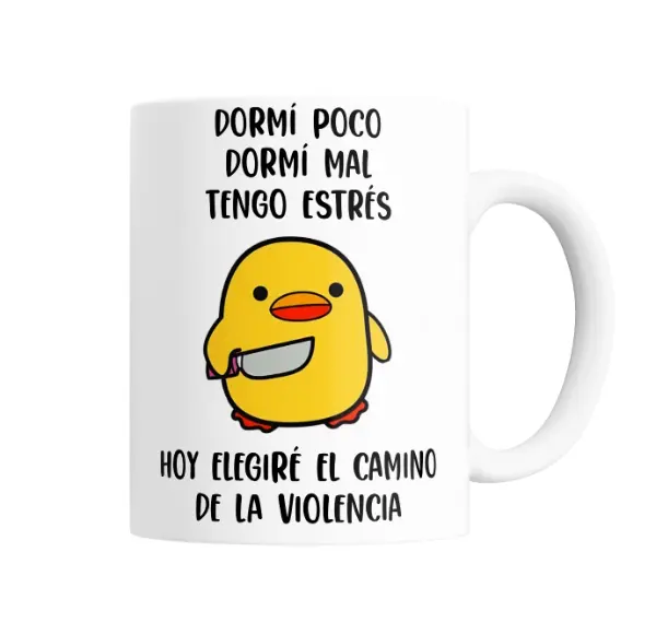 Taza de Cerámica Pato con Cuchillo Dormí Poco Tengo Estrés