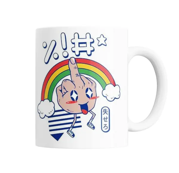 Taza de Cerámica Antisocial Arcoíris con Dedo y Insultos en Japonés