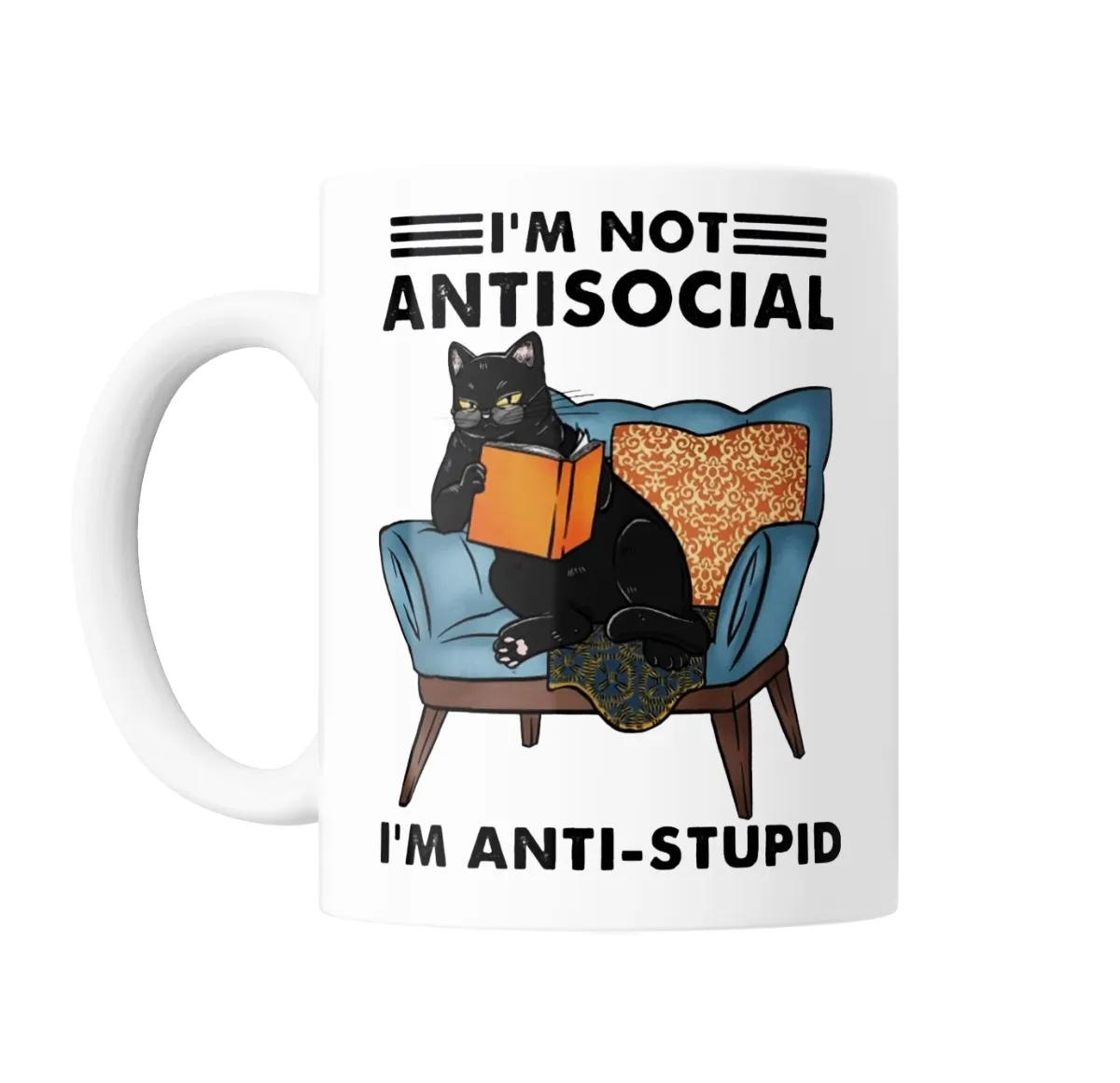 Taza de Cerámica Gato Negro Leyendo I'm Not Antisocial I'm Anti-Stupid - vista 2