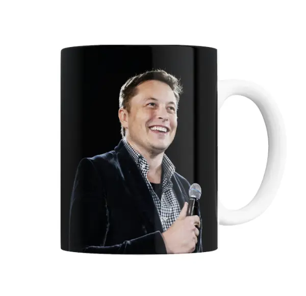 Taza de Cerámica Elon Musk Foto Sonriendo con Micrófono
