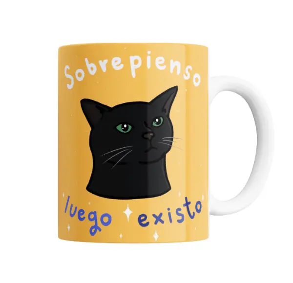 Taza de Cerámica Gato Negro Sobrepienso Luego Existo