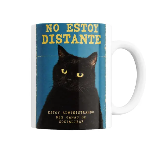 Taza de Cerámica Gato Negro No Estoy Distante Administrando Mis Ganas de Socializar