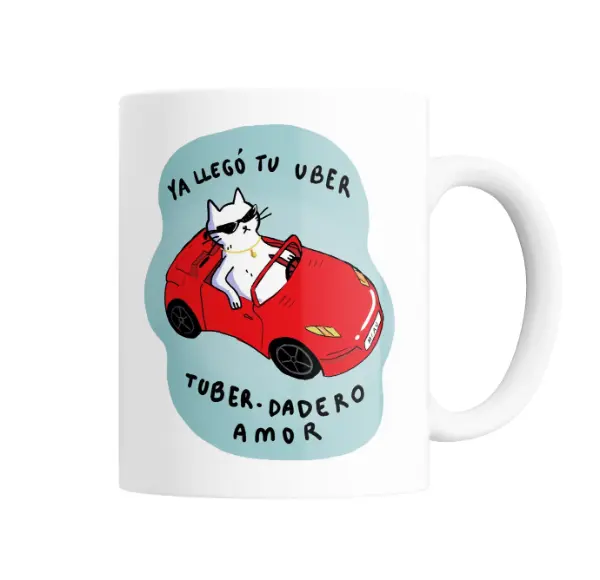 Taza de Cerámica Gato en Auto Rojo Ya Llegó tu Uber