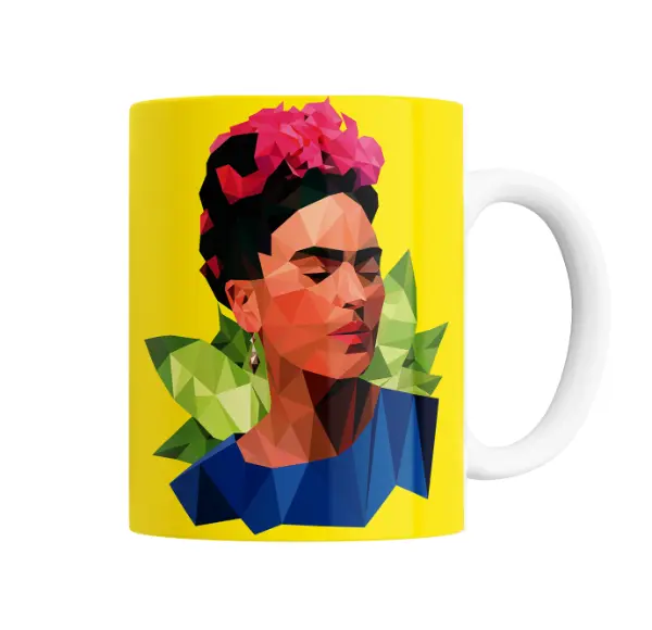 Taza de Cerámica Frida Kahlo Retrato Poligonal con Flores