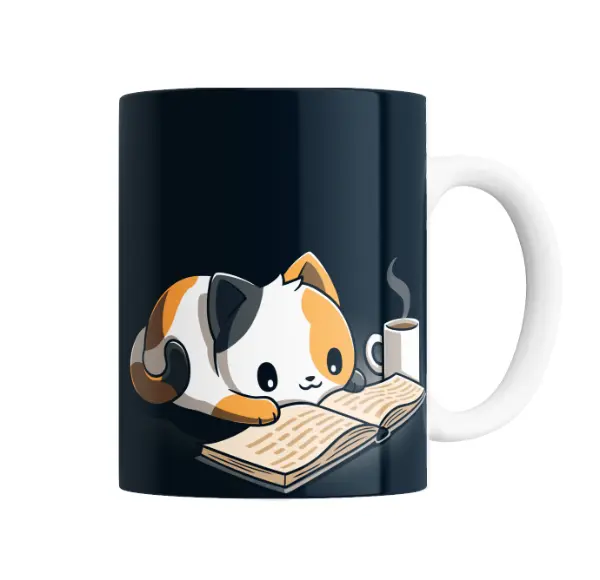 Taza de Cerámica Gatito Leyendo con Café