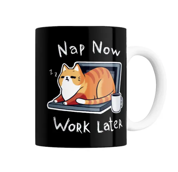 Taza de Cerámica Gato Naranja Nap Now Work Later