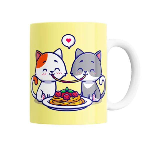 Taza de Cerámica Gatitos Enamorados Comiendo Spaghetti