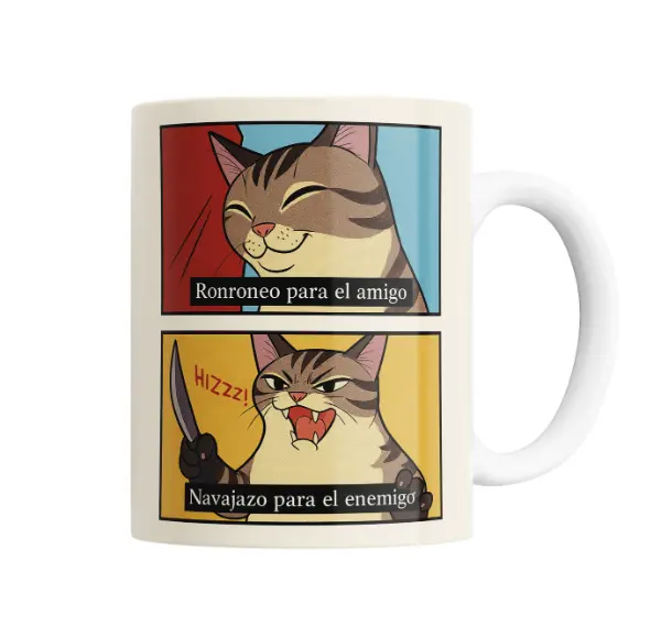Taza de Cerámica Gatito Ronroneo para el amigo y Navajazo para el enemigo