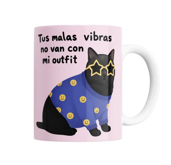 Taza de Cerámica Gatito Tus Malas Vibras No Van Con Mi Outfit