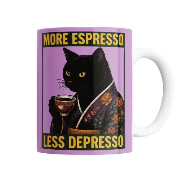 Taza de Cerámica Gato Samurai Más Espresso Menos Depresso