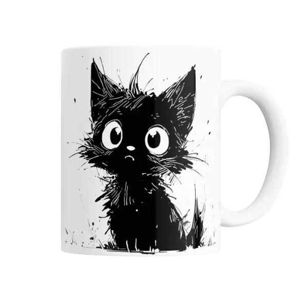 Taza de Cerámica Gatito Negro Ojos Grandes