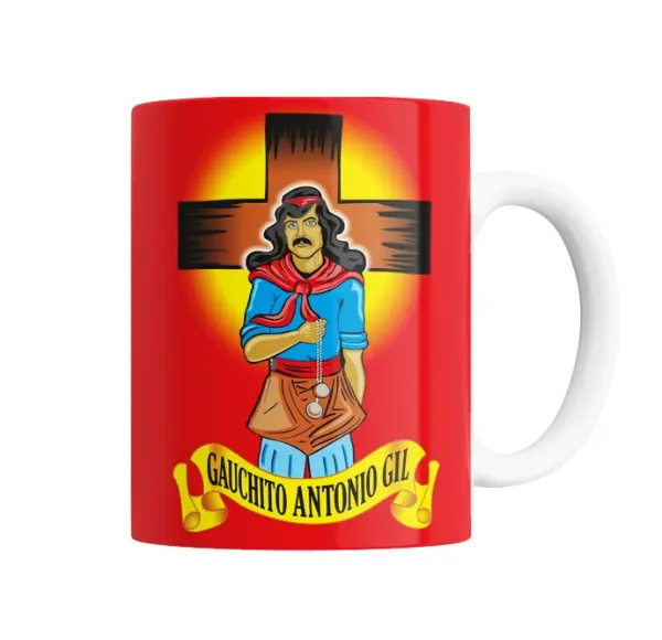 Taza de Cerámica Gauchito Gil con Cruz y Pañuelo Rojo