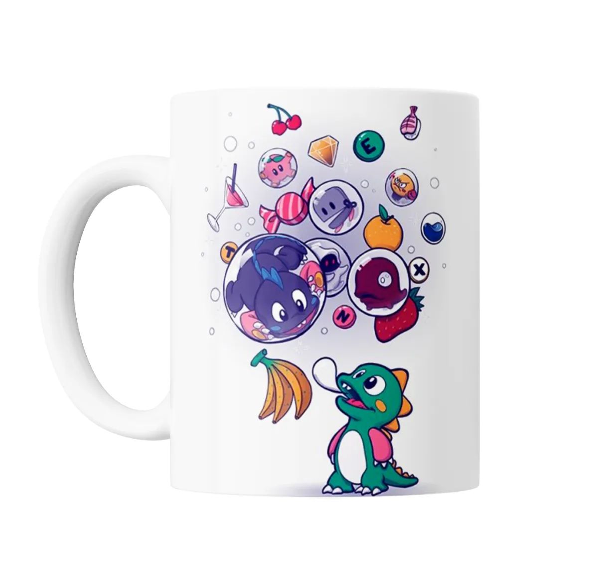 Taza de Cerámica Gamer Personajes en Burbujas y Frutas - vista 2