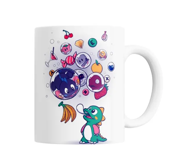 Taza de Cerámica Gamer Personajes en Burbujas y Frutas