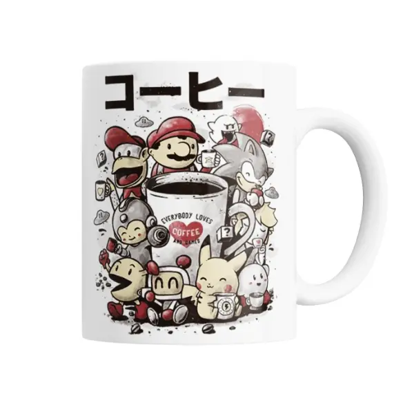 Taza de Cerámica Coffee and Games Mario Sonic Pac-Man Pikachu