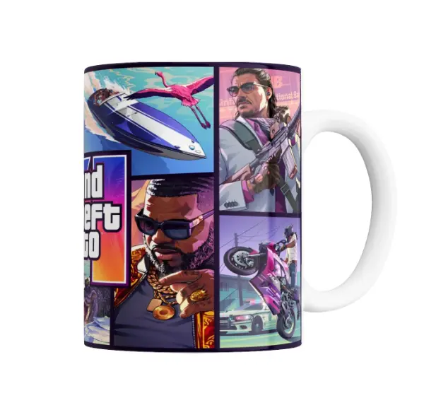 Taza de Cerámica GTA VI Collage Lancha Flamenco Personajes