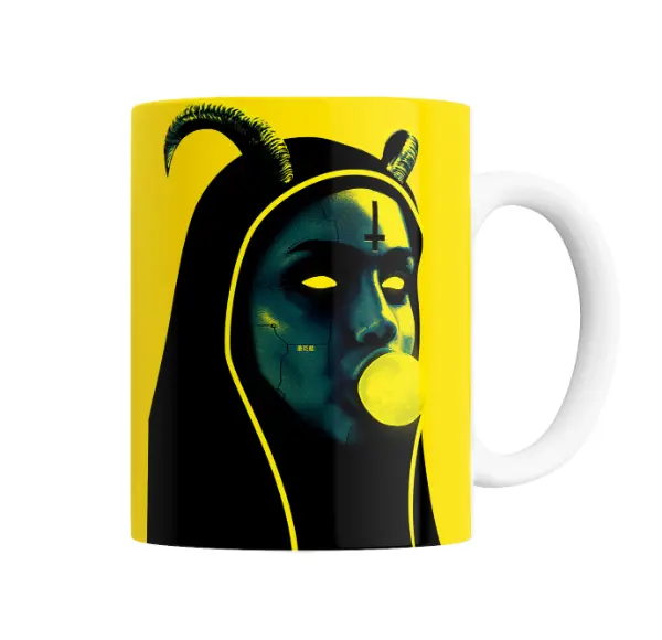 Taza de Cerámica Art Mujer con Cuernos y Chicle Amarillo