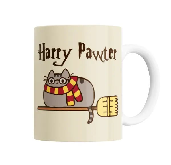 Taza de Cerámica Harry Potter Gato Pawter Volando en Escoba