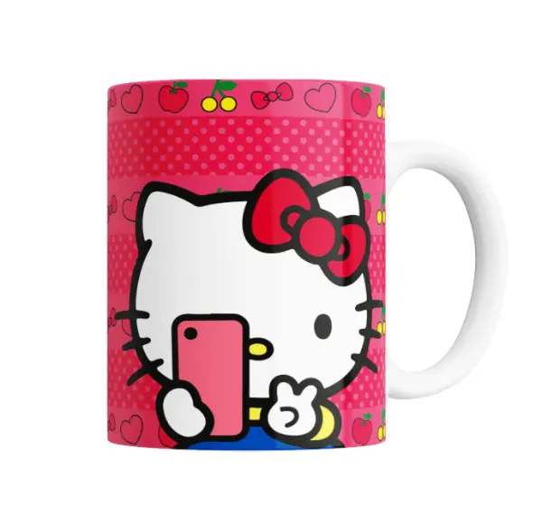 Taza de Cerámica Hello Kitty con Celular y Manzanas