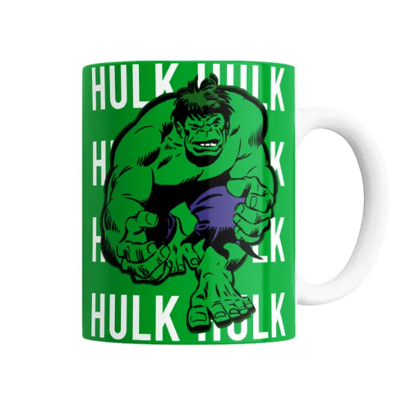 Taza de Cerámica Hulk Marvel Fondo Verde con Texto Repetido