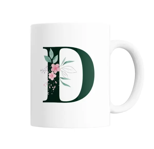Taza de Cerámica Iniciales Verde D con Flores