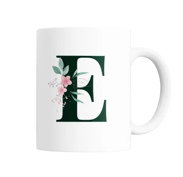 Taza de Cerámica Iniciales Verde E con Flores