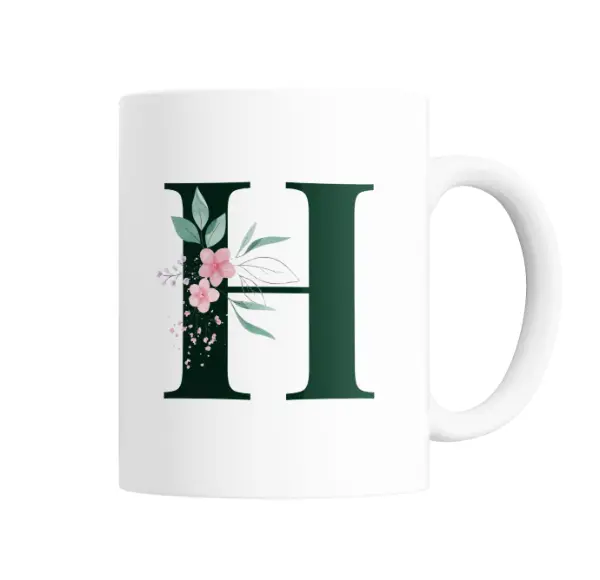 Taza de Cerámica Inicial H Verde con Flores