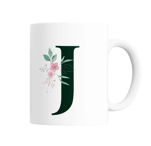 Taza de Cerámica Inicial J Verde con Flores