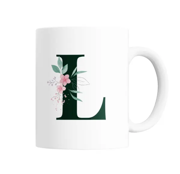 Taza de Cerámica Iniciales L Verde con Flores