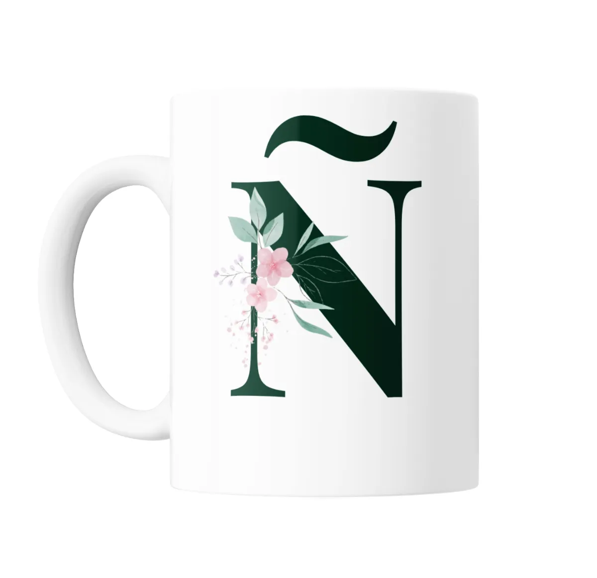 Taza de Cerámica Inicial N Verde con Flores - vista 2