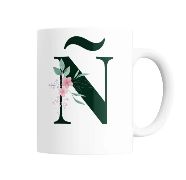Taza de Cerámica Inicial N Verde con Flores
